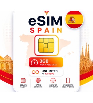 eSIM Spain - 3GB High-Speed, Then Unlimited Data at 128kbps valid for 30 Days Android Key EUROPE